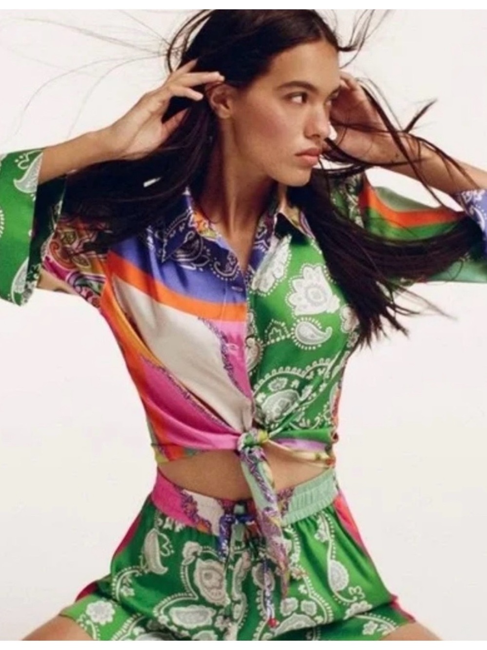 Zara Green Multi Paisley Tie-Front Button Down Top